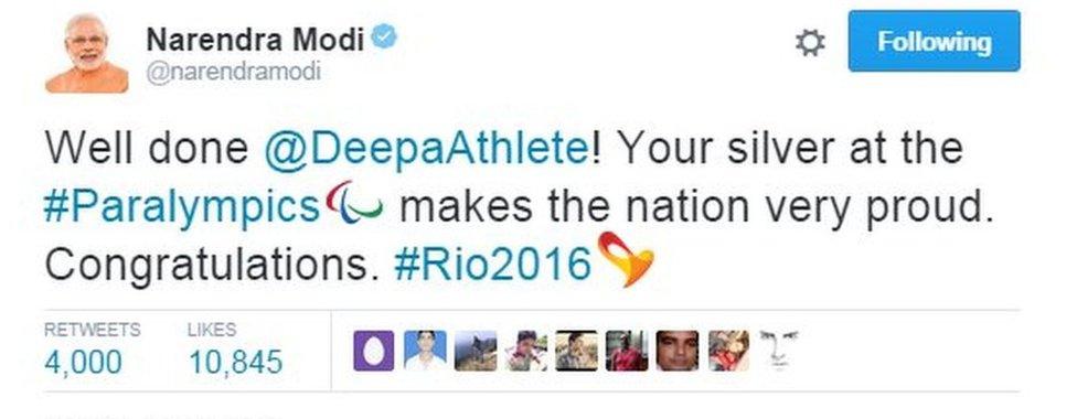 Well done @DeepaAthlete! Your silver at the #Paralympics makes the nation very proud. Congratulations. #Rio2016