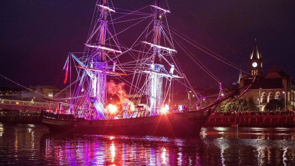 tall ship lit up