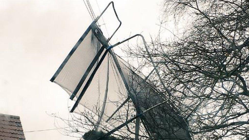 Trampoline in power line, Exeter