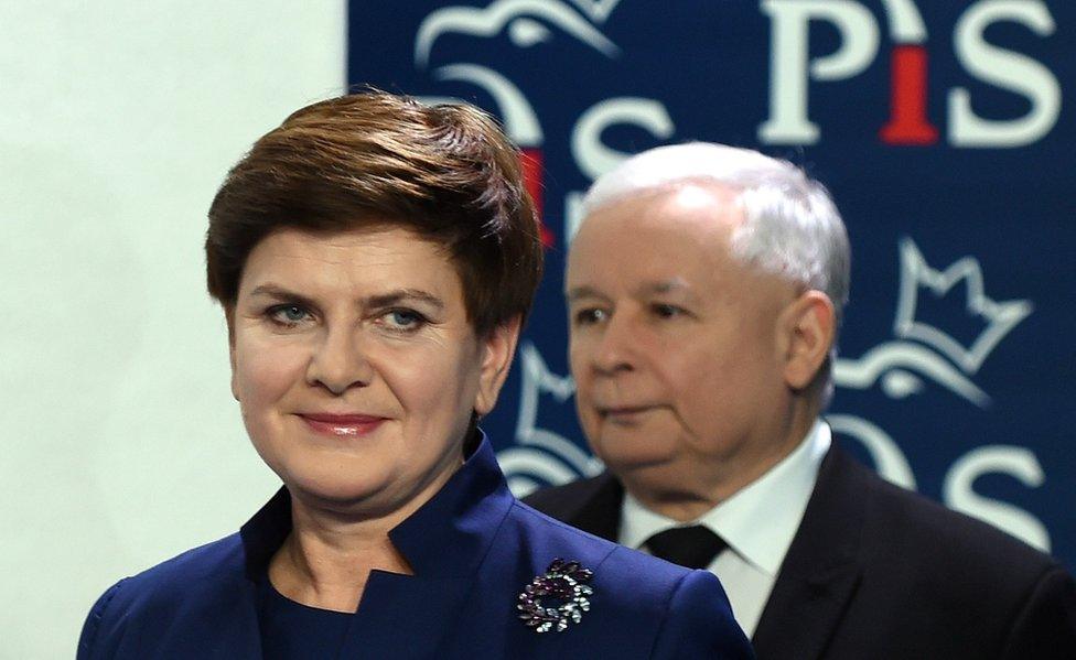 PiS leader Jaroslaw Kaczynski and Poland's Prime Minister Beata Szydlo (foreground), 9 Nov 15