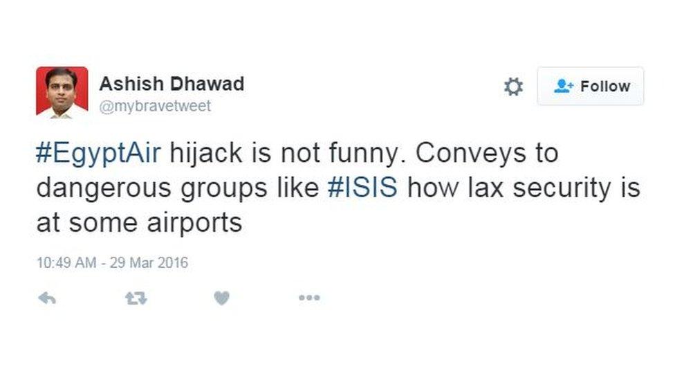 #EgyptAir hijack is not funny. Conveys to dangerous groups like ISIS how lax security is at some airports