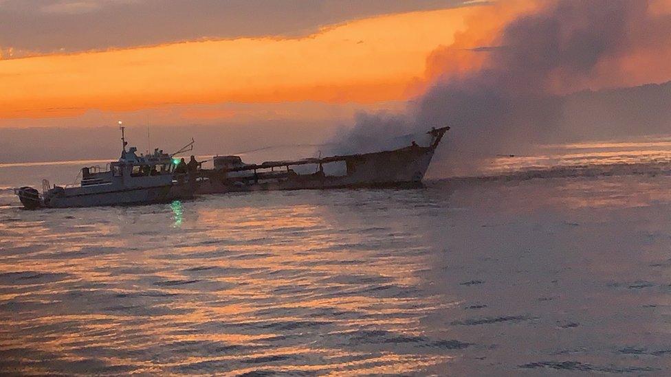 the burned out boat Conception, off the north side of Santa Cruz Island, California, USA, 02 September 2019