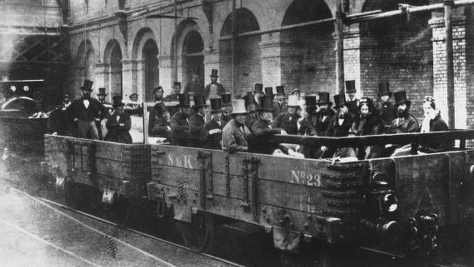 Chancellor of the Exchequer William Ewart Gladstone with directors and engineers of the Metropolitan Railway Company on an inspection tour of the world's first underground line, 24th May 1862.