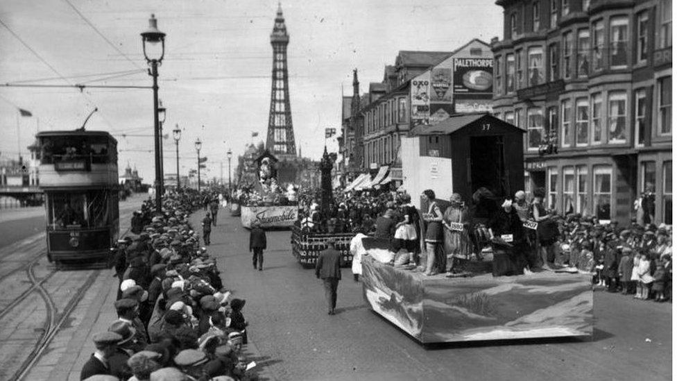 One of the floats, depicting bathing belles of the Nineties, in the pageant in Blackpool led by Britain's Cotton Queen. 1930