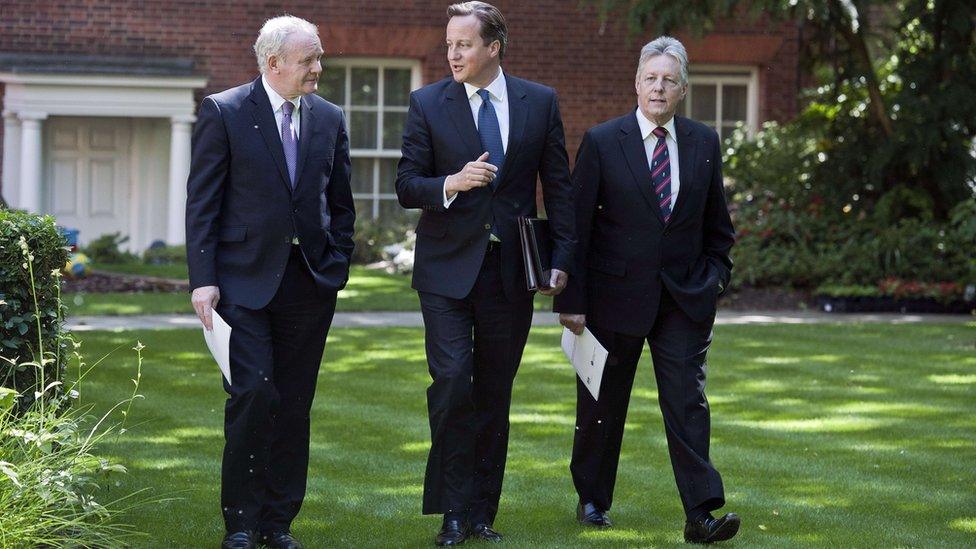 Martin McGuinness, David Cameron and Peter Robinson