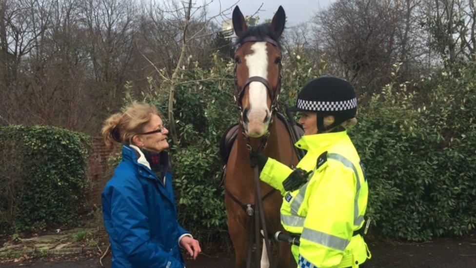 Two policewomen with a police horse