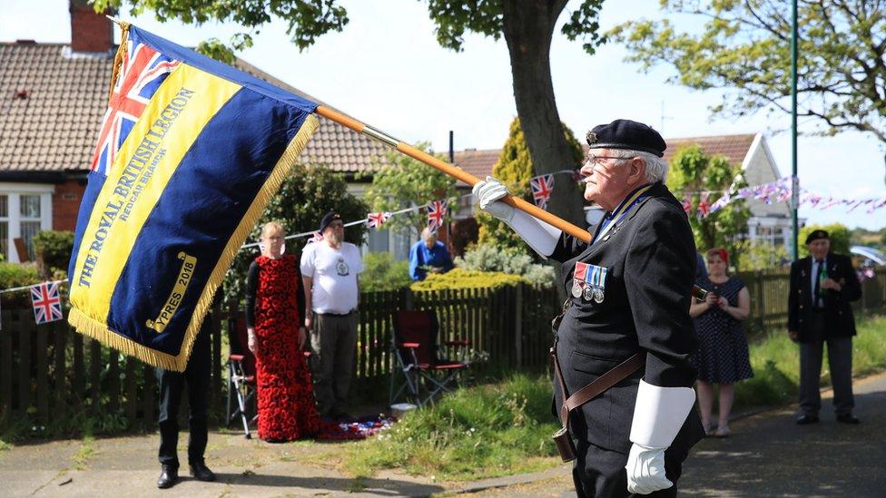 Royal British Legion standard bearer in Redcar on VE Day 75th anniversary