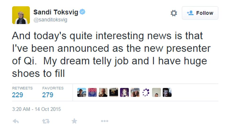 Sandi Toksvig tweeted: 'And today's quite interesting news is that I've been announced at the new presenter of QI. My dream telly job and I have huge shoes to fill.'