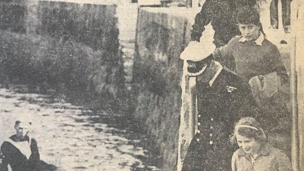 Prince Charles (top right) and his sister Princess Anne on Bangor Pier in 1961