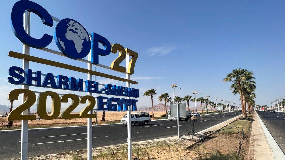 Sign of COP27 on a road in Sharm El Sheikh Egypt