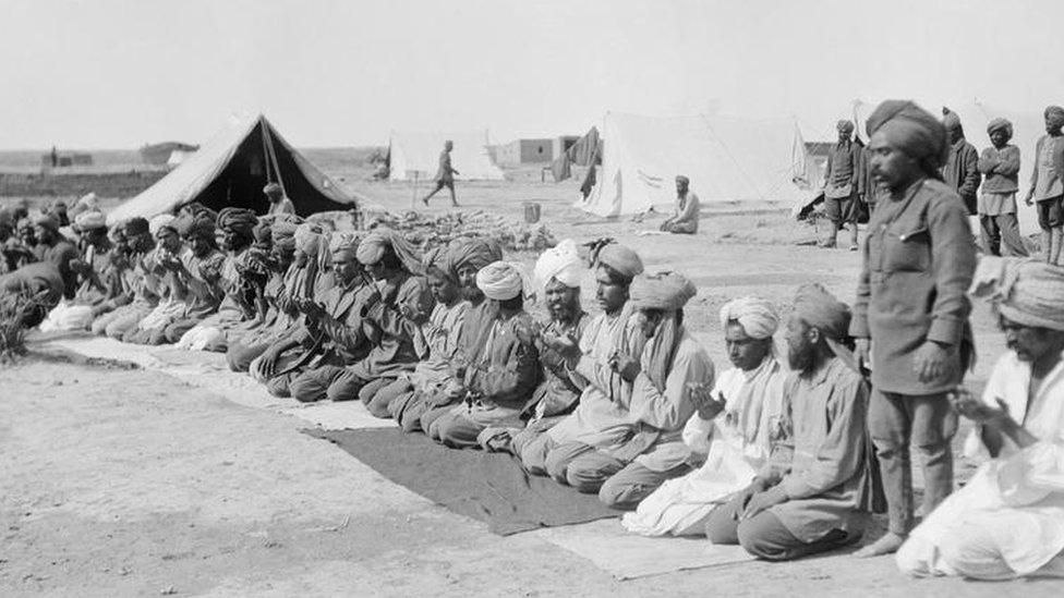 Muslim soldiers offering prayers during World War One