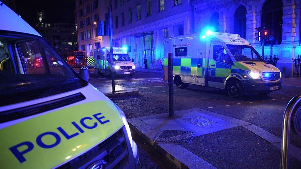 Ambulance and police vehicles respond to London Bridge attacks on 3 June 2017