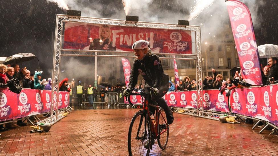 Zoe Ball at the end of her cycle challenge