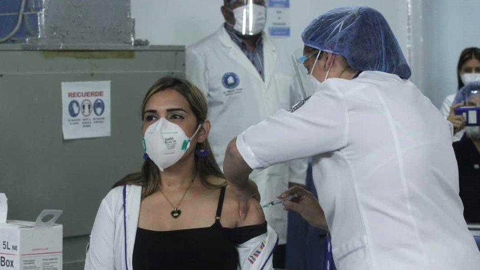 Glendy Rivero, the first doctor to receive the Russian Sputnik V vaccine, at the Victorino Santaella hospital, in Los Teques, Miranda state, Venezuela, 18 February 2021