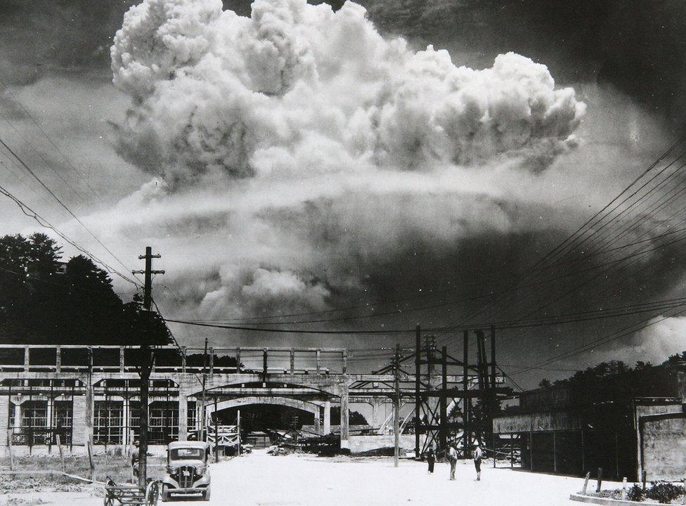 View of the radioactive plume from the bomb dropped on Nagasaki City, as seen from 9.6 km away, in Koyagi-jima, Japan, on 9 August, 1945