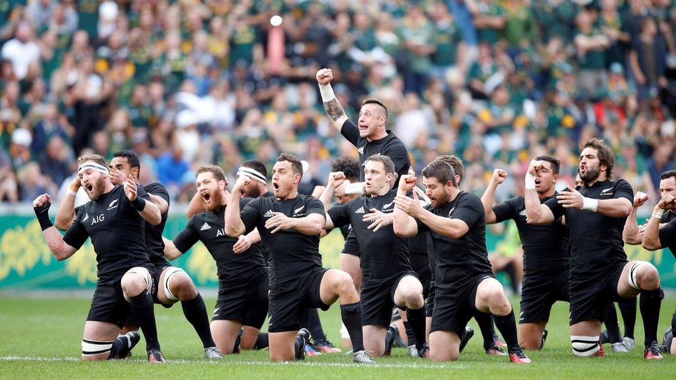 New Zealand performing the haka on the pitch in Durban, South Africa, 8 October 2016.