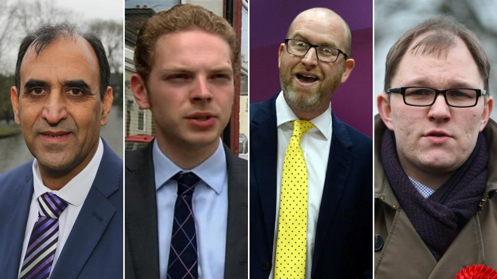 (l to r) Zulfiqar Ali (Lib Dem), Jack Brereton (Conservative), Paul Nuttall (UKIP) and Gareth Snell (Labour)