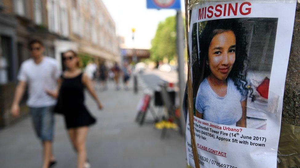 An image of missing persion Jessica Urbano, is pictured near to the Grenfell Tower fire