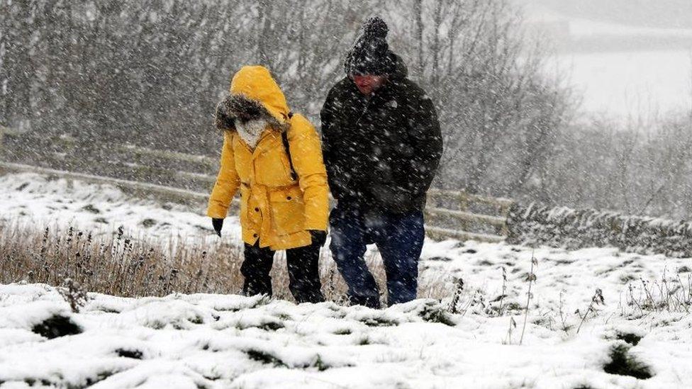 Walkers in the snow near Castleton in the Peak District