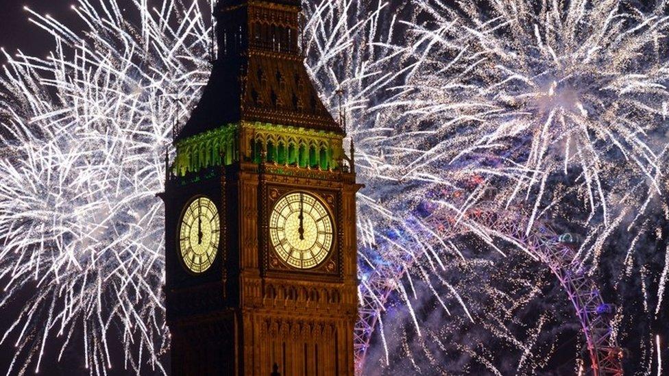 Fireworks at Big Ben, Houses of Parliament, London. - Midnight at Start of New Year 2013