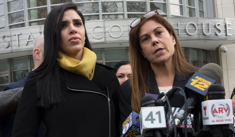 The wife of "El Chapo", Emma Coronel Aispuro (L), listens as attorney Michelle Gelernt answers questions outside the US Federal Courthouse in Brooklyn on 3 February, 2017 in New York.