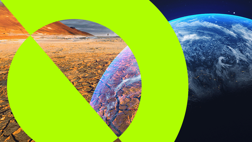 Promotional image showing parched ground, planet Earth and a green semicircle