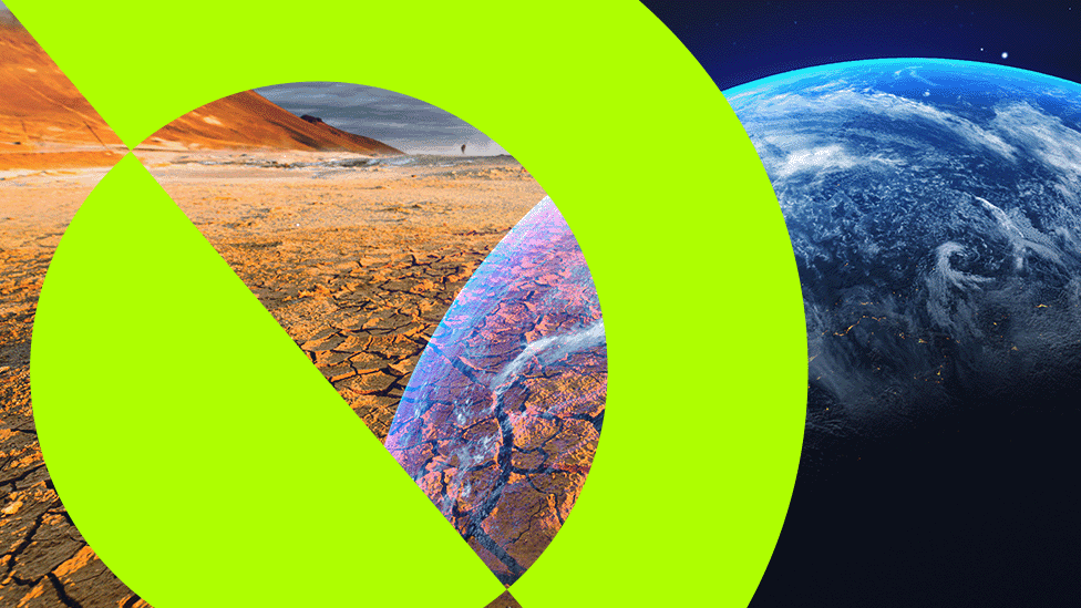 Promotional image showing parched ground, planet Earth, and green semicircle