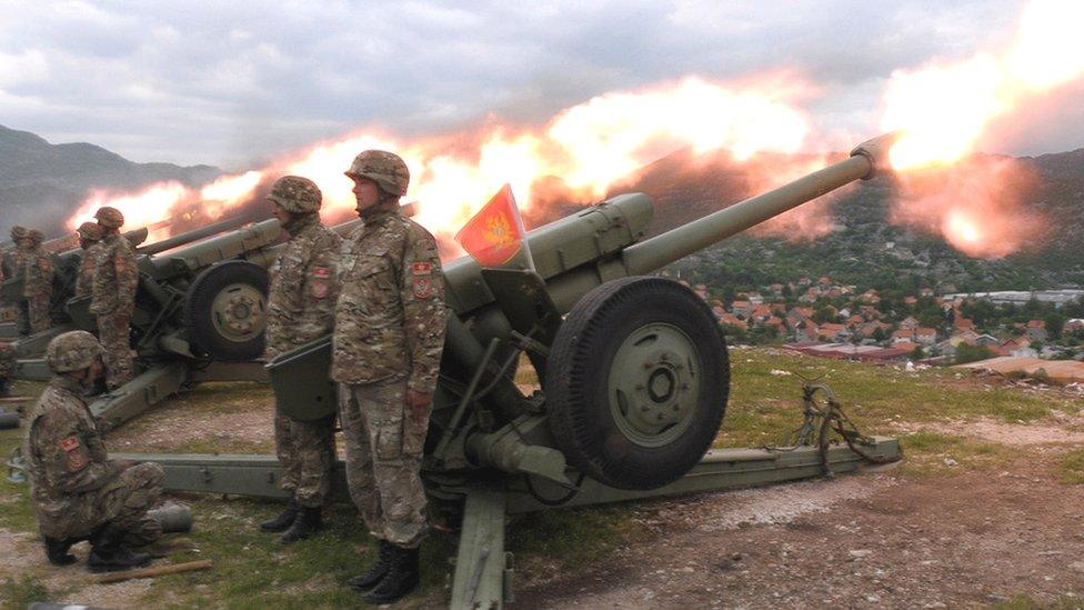 Montenegrin artillery salute on eve of Independence Day, 20 May 2010, in Cetinje