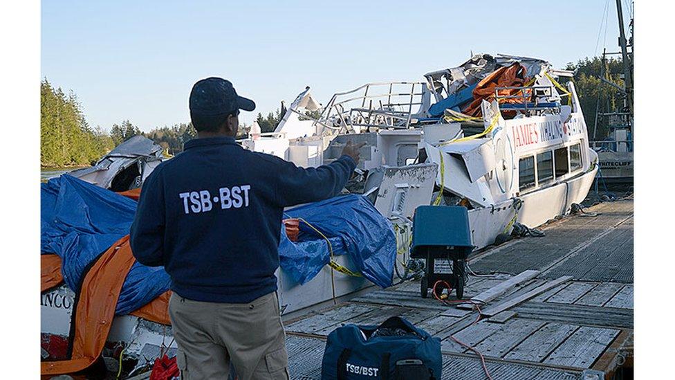 A Transportation Safety Board investigator examines the damaged whaling vessel