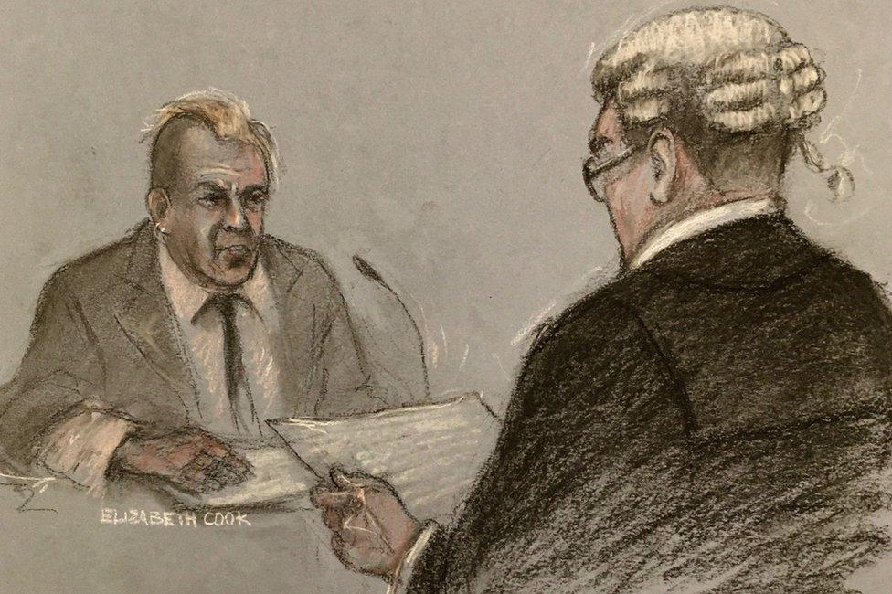 Court drawing of John Lydon giving evidence to barrister Edmund Cullen QC