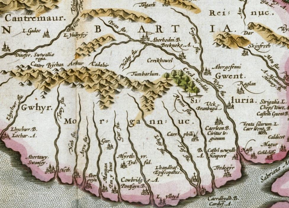 A section of a 17th Century engraved map by Jodocus Hondius showing Llanilltud on the tip of the south Wales coast