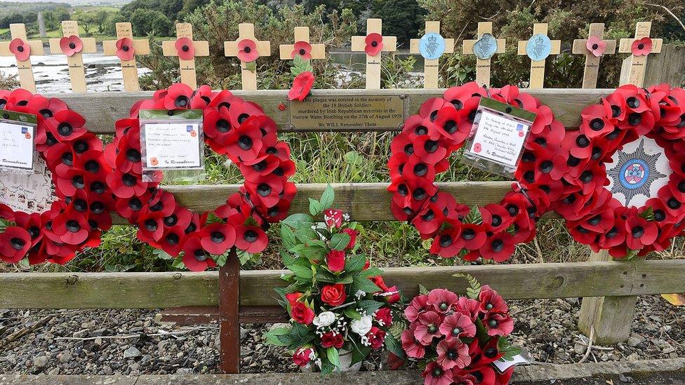 Poppy wreaths laid at the memorial at the site of the Narrow Water bombing