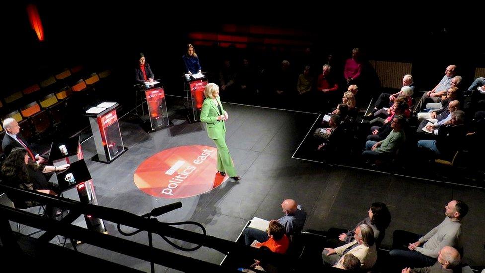 The debate at the Perse School's Peter Hall Performing Arts Centre in Cambridge. Left to right: Naomi Bennett, leader of the Green Party on Cambridge City Council, Daniel Zeichner, Labour MP for Cambridge, BBC Politics East's Amelia Reynold, Bridget Smith, the Lib Dem leader of South Cambridgeshire District Council, and Lucy Frazer, the Conservative MP for South East Cambridgeshire