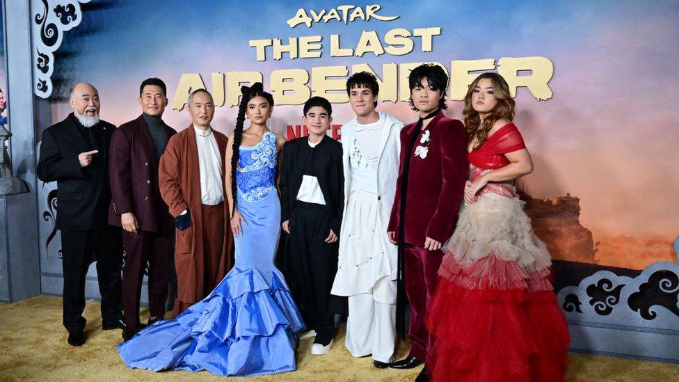 (L-R) Actors Paul Sun-Hyung Lee, Daniel Dae Kim, Ken Leung, Kiawentiio, Gordon Cormier, Ian Ousley, Dallas Liu and Elizabeth Yu.