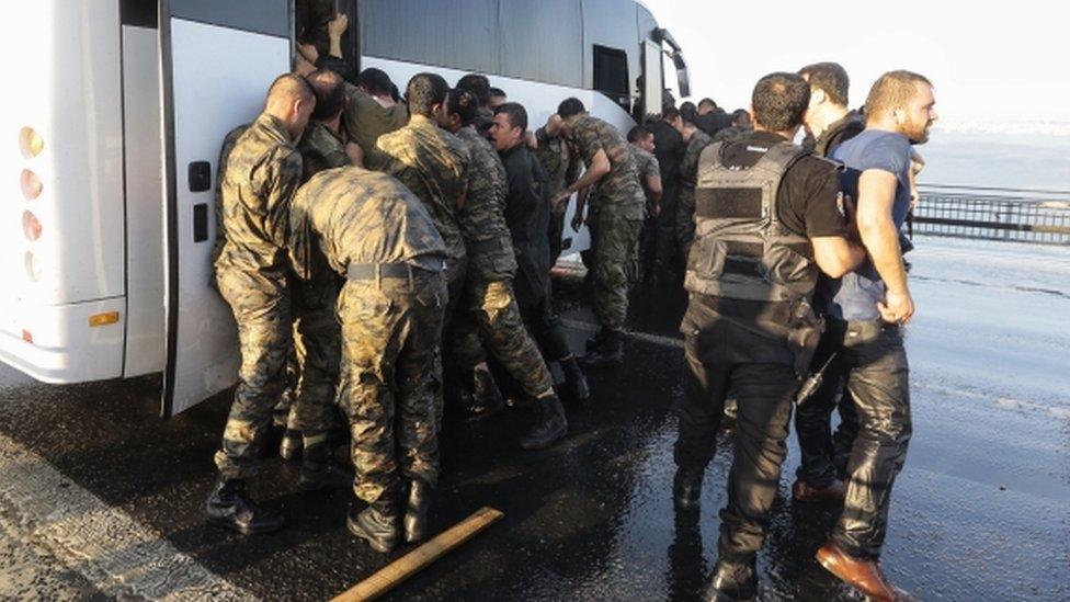 Rebel soldiers are arrested on Bosphorus Bridge after surrendering, 16 July