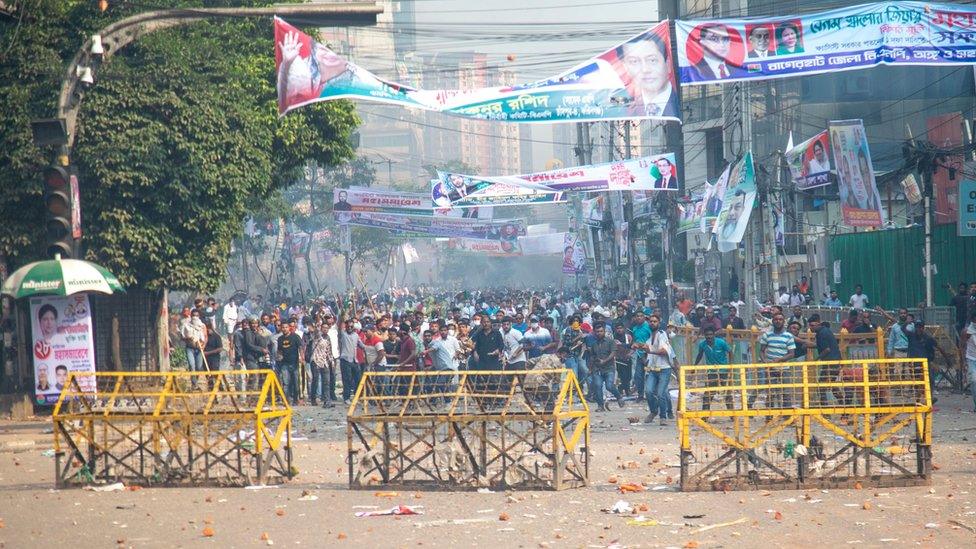 Bangladesh Nationalist Party supporters participate in a protest demanding the resignation of Prime Minister Sheikh Hasina in Dhaka, Bangladesh, 28 October 2023.