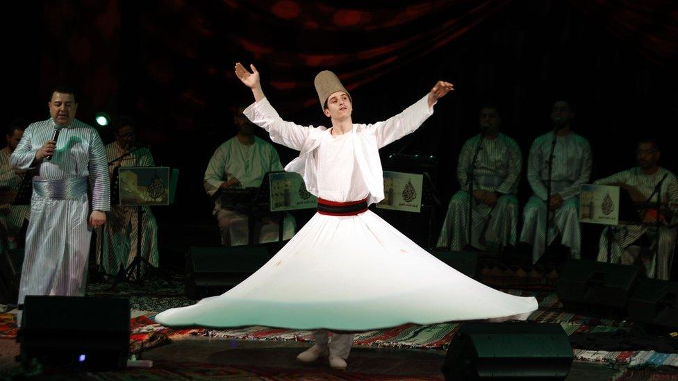 Members of the group Chouyoukh Salatin Tarab from Syria perform at the Municipal Theater in Tunis, Tunisia, 19 March 2024.