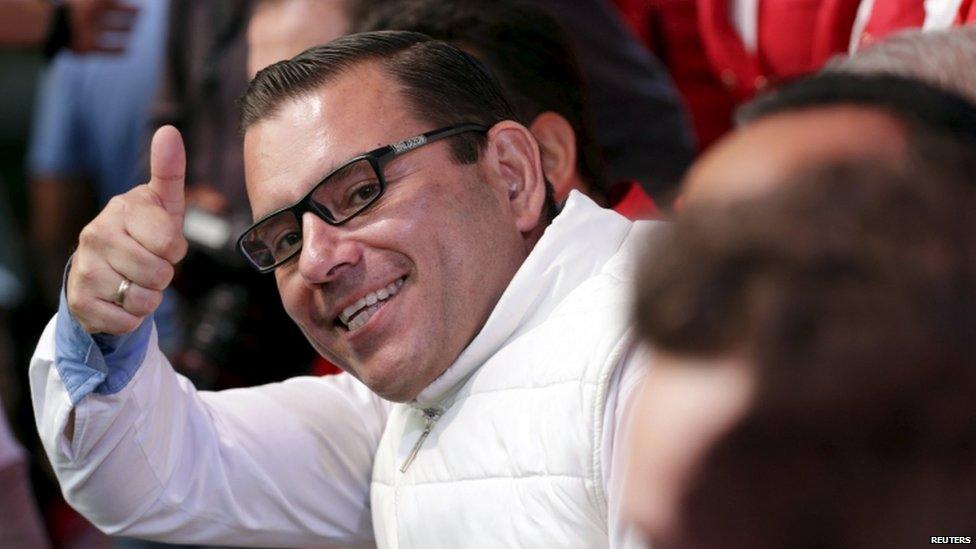 Democratic Liberty Party"s (LIDER) presidential candidate Manuel Baldizon gestures during a political rally in Mixco, on the outskirts of Guatemala City, August 30, 2015.