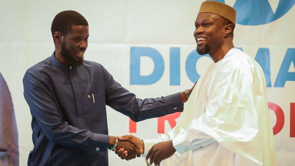 Senegalese opposition leader Ousmane Sonko and his presidential candidate Bassirou Diomaye Faye hold a joint press conference after being released from jail in Dakar, Senegal on March 15, 2024