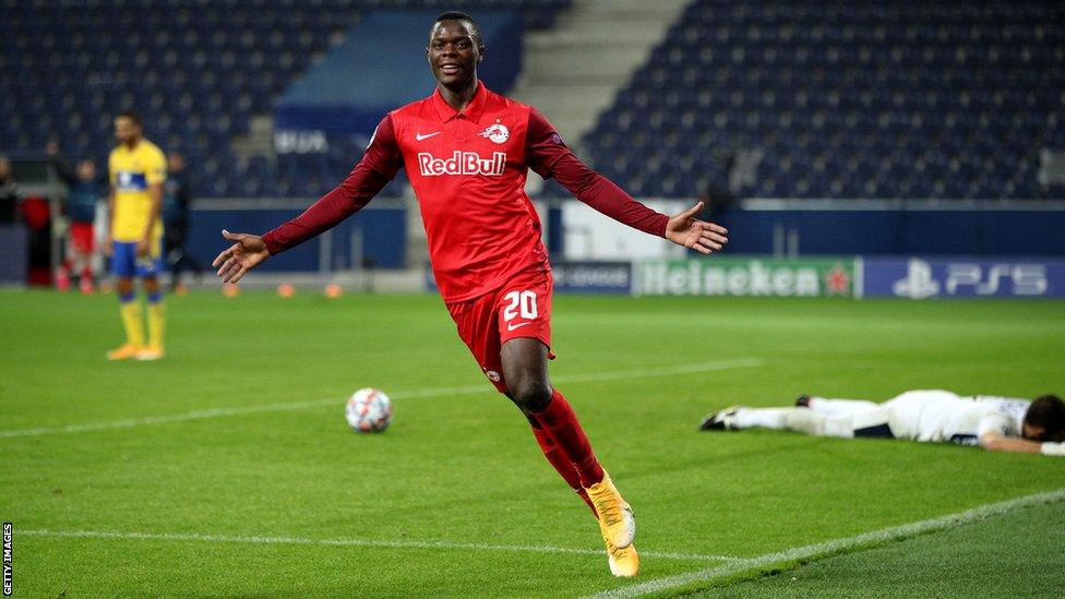 Patson Daka celebrates a goal for RB Salzburg