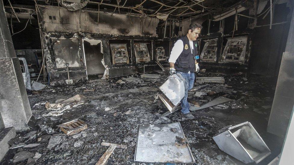 A bank destroyed by criminal gangs in Fortaleza, Brazil