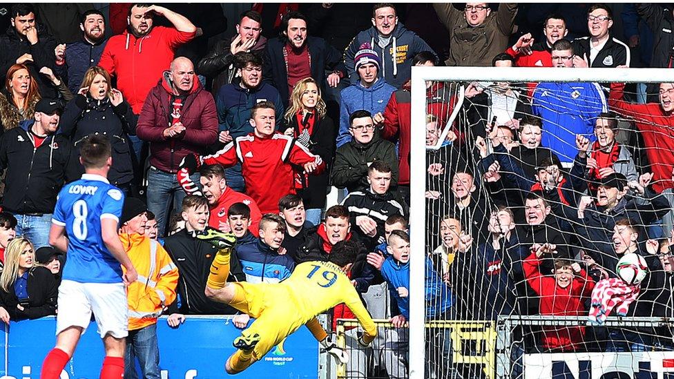 Jordan Forsythe's shot hits the Linfield net in a 2-0 victory and the Crues close in on a second straight Gibson Cup success