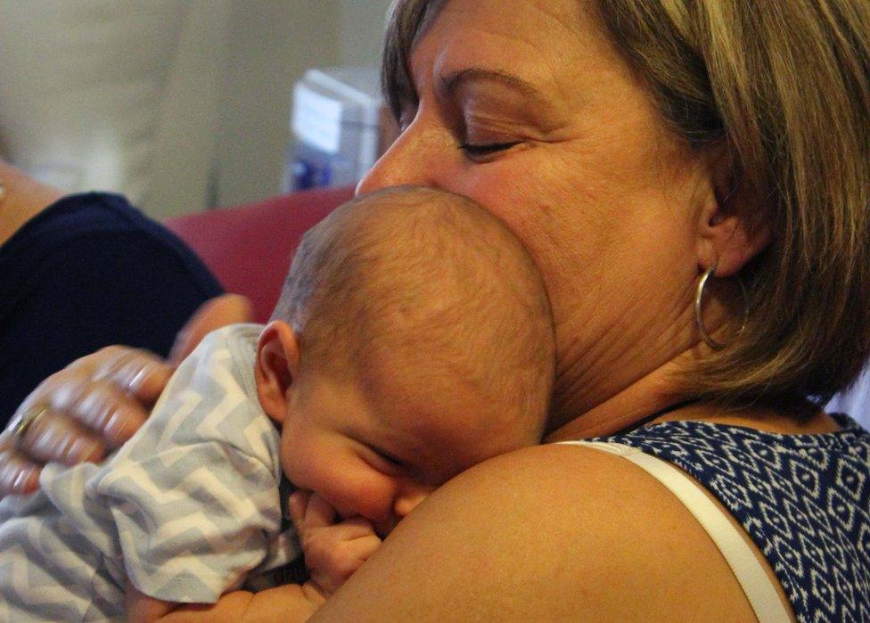 Grace Couturier, 59, pictured with baby Callie Marsh, her great-granddaughter