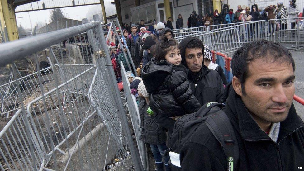 Migrants in a transit area between Austria and Slovenia at a border crossing in Spielfeld, Austria, 9 December