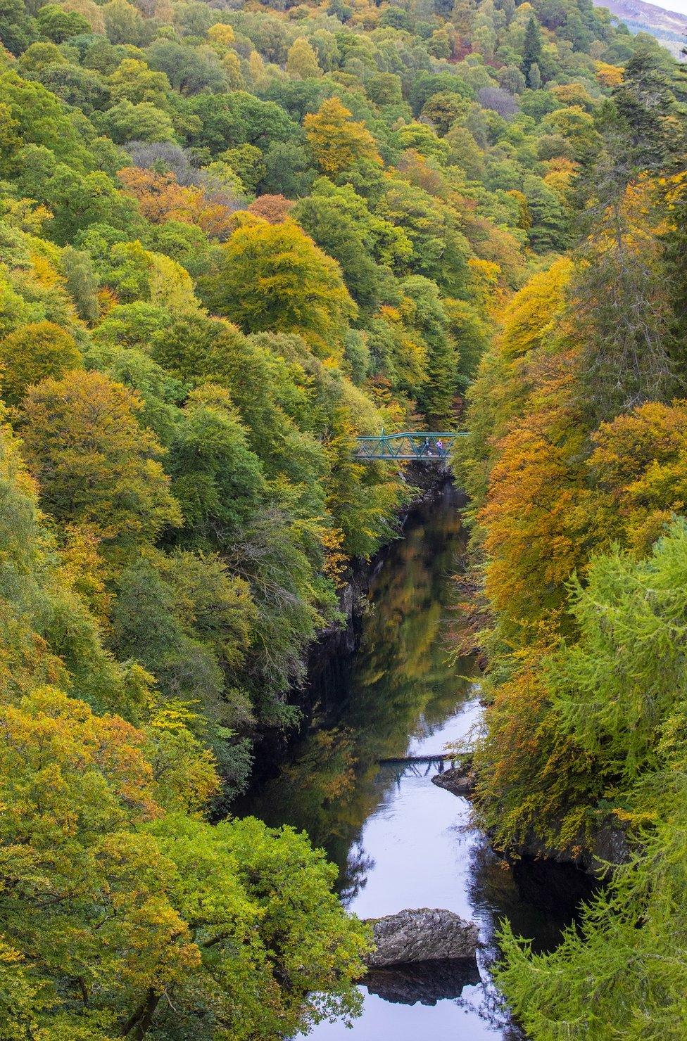 Green, red and yellow trees are seen either side of a bridge over the River Barry near the village of Killiecrankie in Perthshire