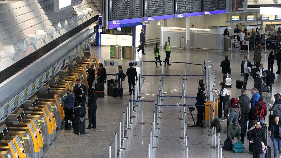 Empty counters at Frankfurt airport on 10 April 2018