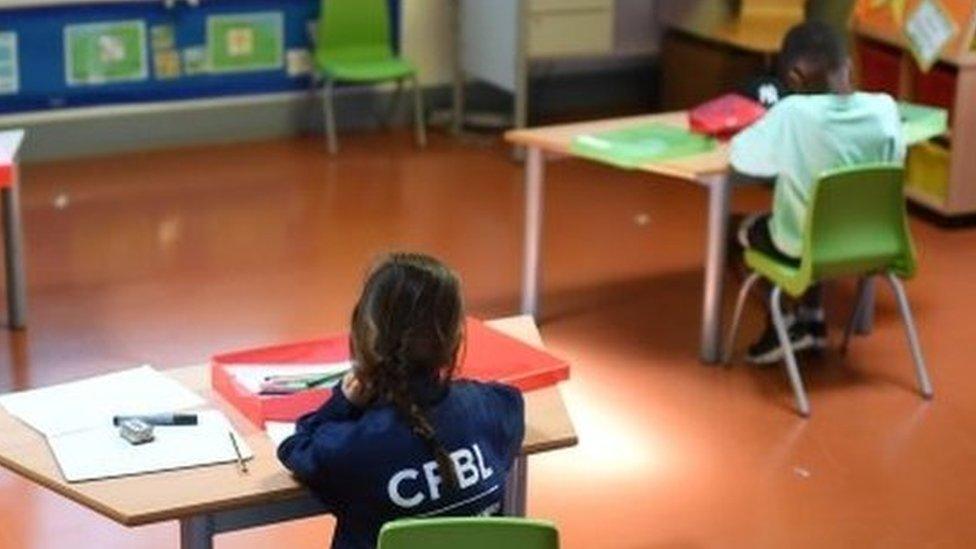 A classroom in north London set up for new socially-distant learning