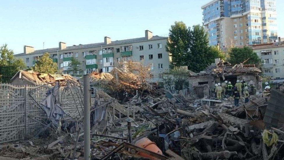 site of a destroyed residential building after the blasts in Belgorod, Russia, 3 July 2022