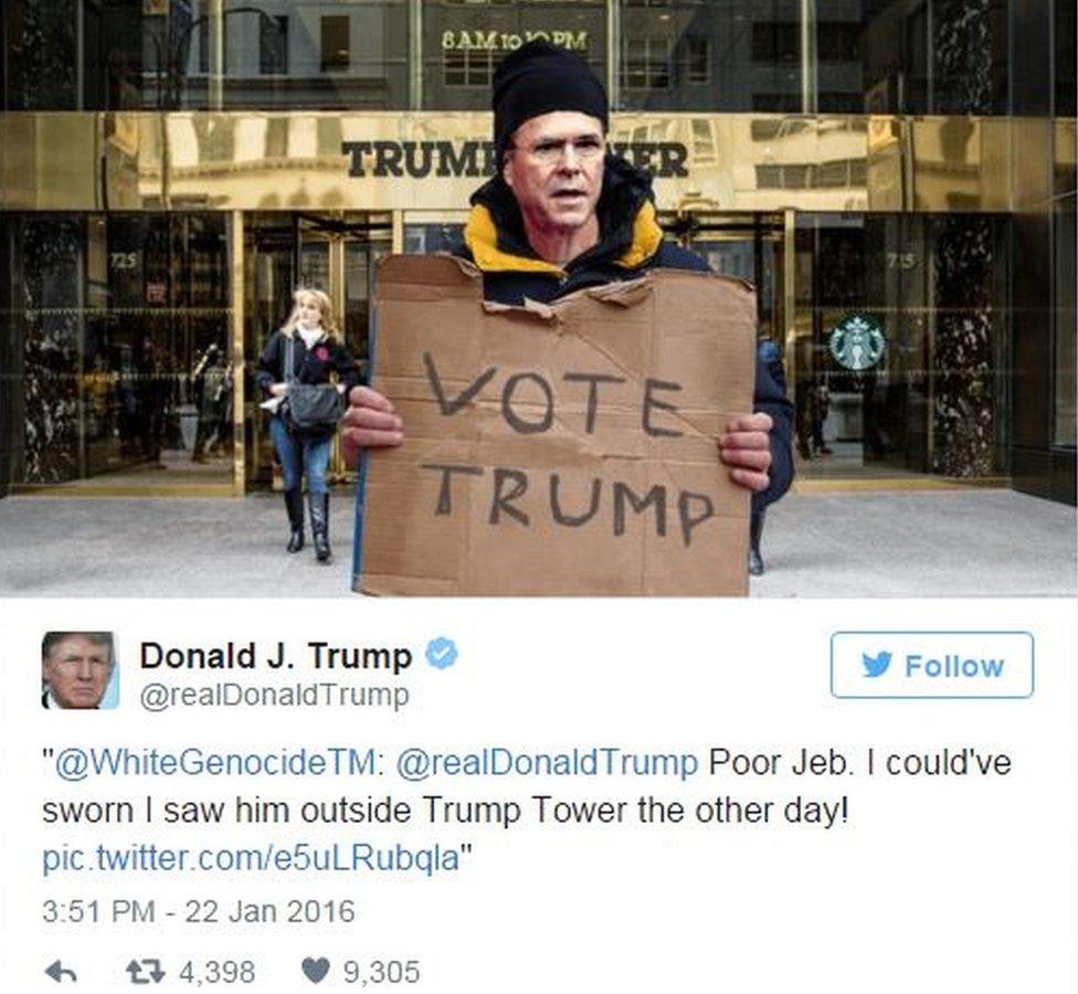 A retweet from Donald Trump of a white supremacist attacking his rival Jeb Bush