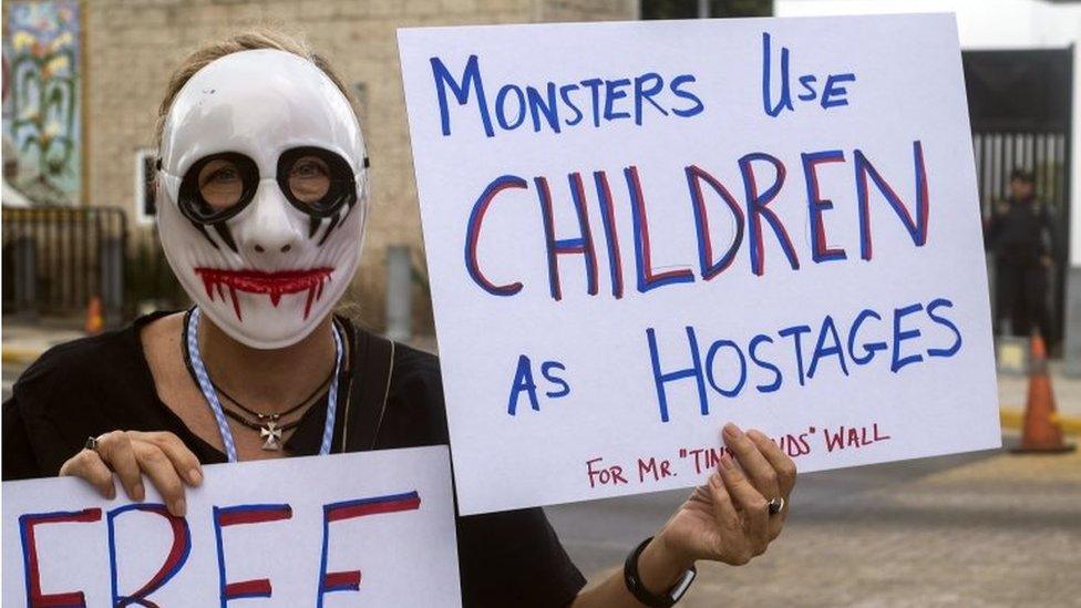 An activist protests against US President Donald Trump and the separation of immigrant children from their parents at the US consulate in the city of Merida, Yucatan, Mexico, 21 June 2018.